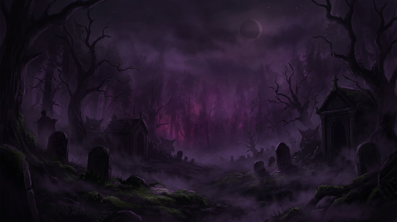 Misty haunted graveyard with Gengar silhouettes in the shadows